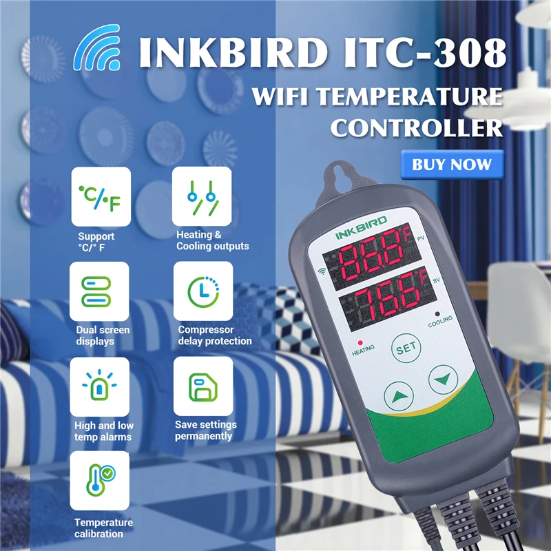 

Электронный Термостат Inkbird с водонепроницаемым зондом, контроллер температуры для обогрева и охлаждения, для США, ЕС, Великобритании, Австр...