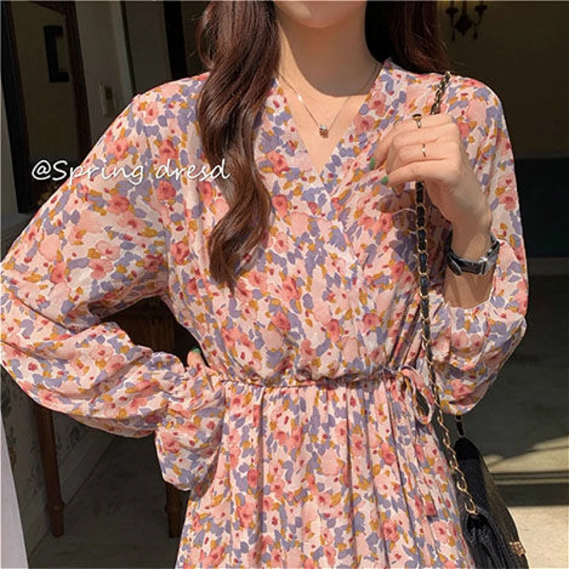 

Dress Women Chiffon Summer Ulzzang Floral Chic Elastic Waist Lovely Girls Sweet Elegant Design Holiday Casual Popular Harajuku
