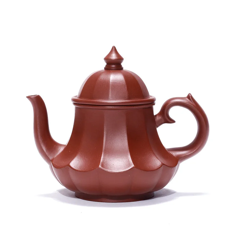 

Yixing Dark-red Enameled Pottery Teapot Famous Pure Full Manual Bright Red Lotus Lamp With Rib Pattern Teapot Tea Set Infusion
