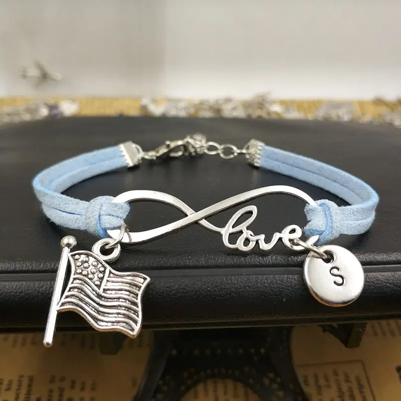 

USA Flag Customize Love Initial Bracelet Charms Infinity Leather Bracelet for Women Gift Accessories Jewelry