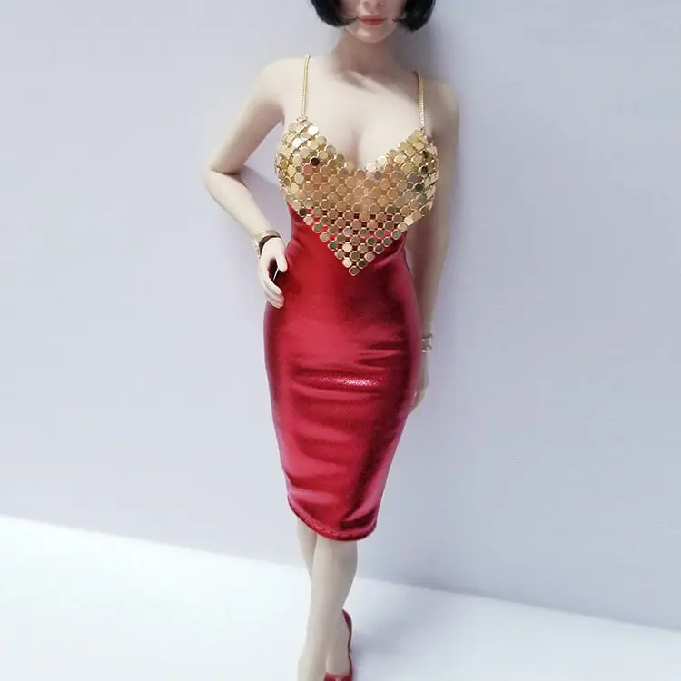 

Custom 1/6th Figure Clothing Golden Metal Coat Red Dress F12" Female Body
