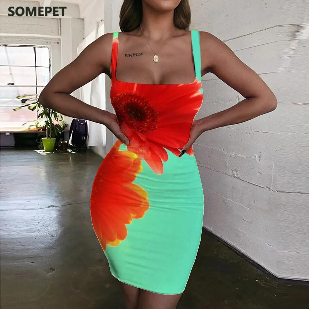 

SOMEPET Sunflowers Dress Women Sky Ladies Dresses Painting Halter Sleeveless Romantic Bodycon Dress Womens Clothing Summer New