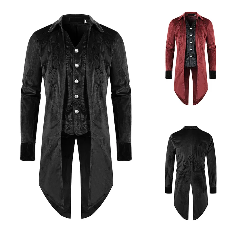 

Trench Tuxedo Men Vintage Gothic Long Jakcet Jacquard Button Fake Two Dresses Overcoat Costume Steampunk Tailcoat Dress Suit