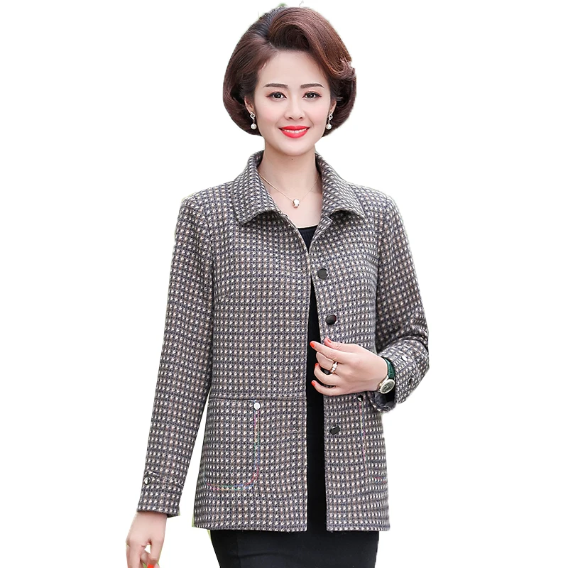 

New 2020 Spring Autumn Coat Blended Woolen Lattice Women Jacket Single-breasted Check Wool Jackets Outerwear Mother Dress K712