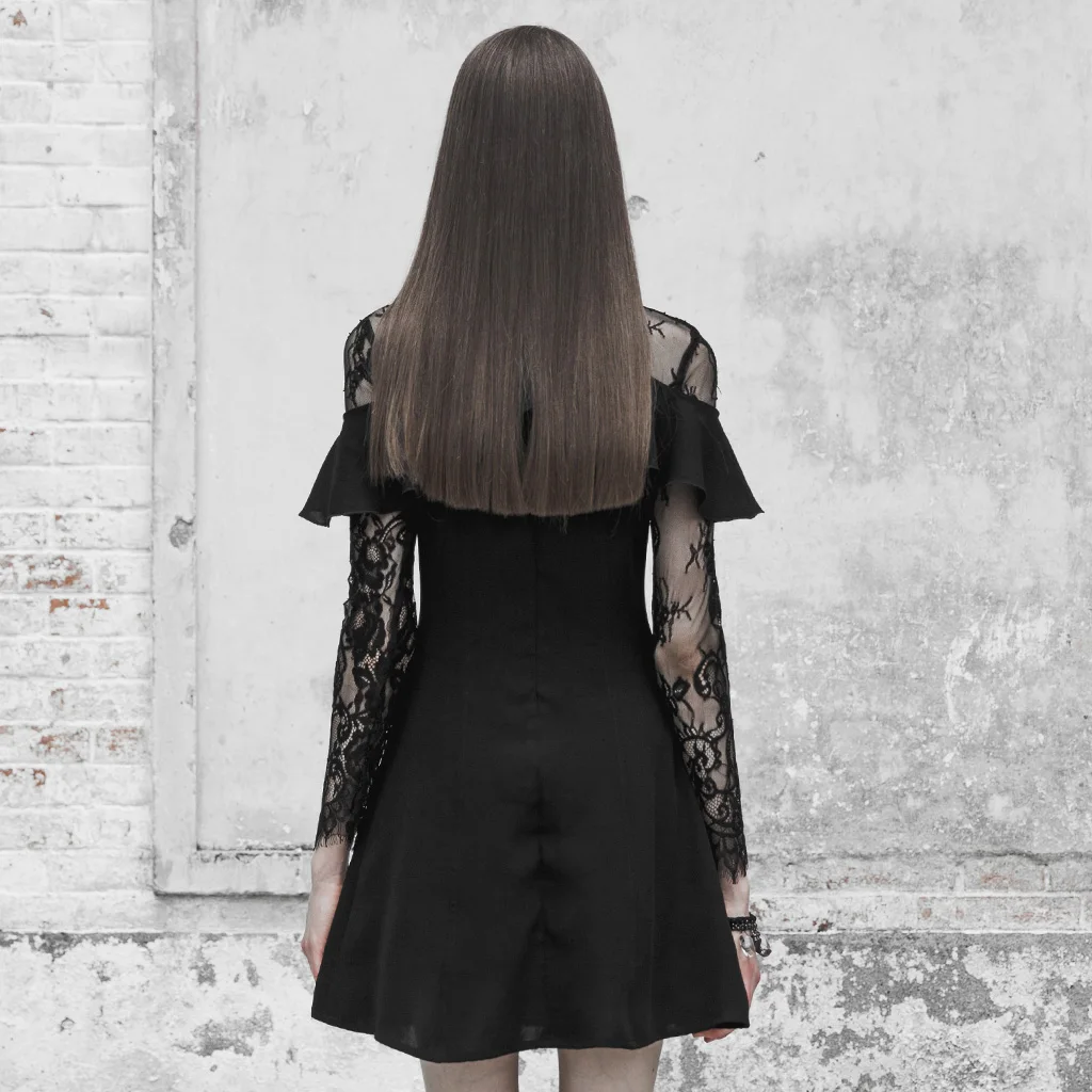 Панк RAVE женское кружевное сшитое платье с оборками шифоновое вышивкой и длинным