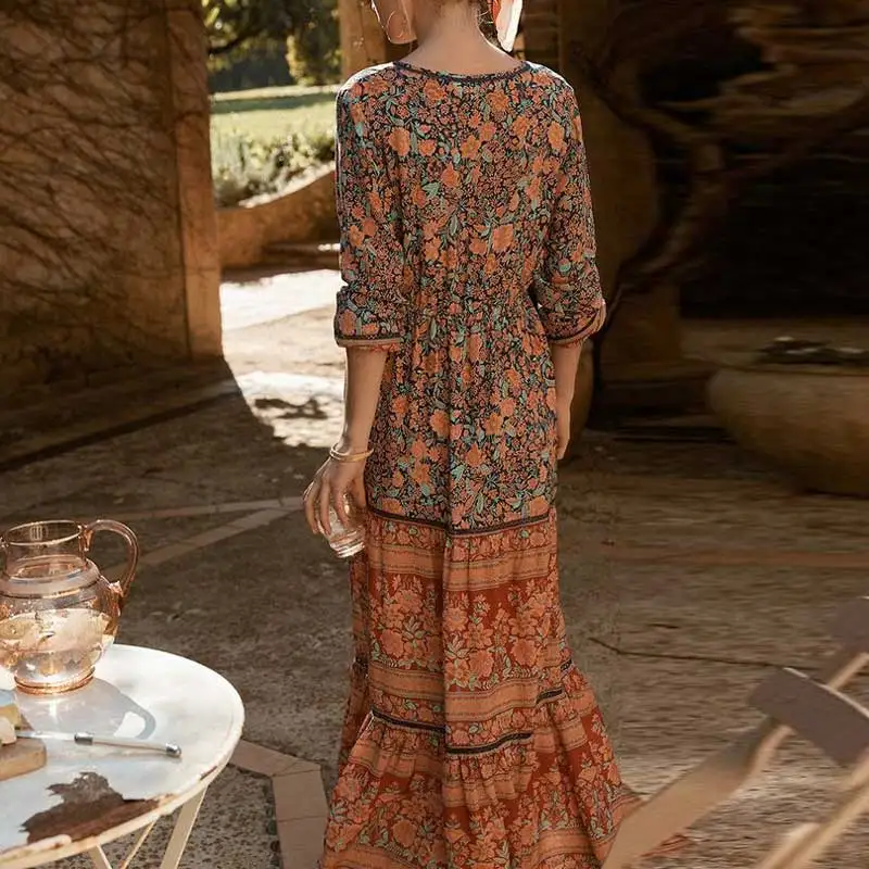 Богемный Вдохновленный длинное платье Boho Цветочный принт Макси женское