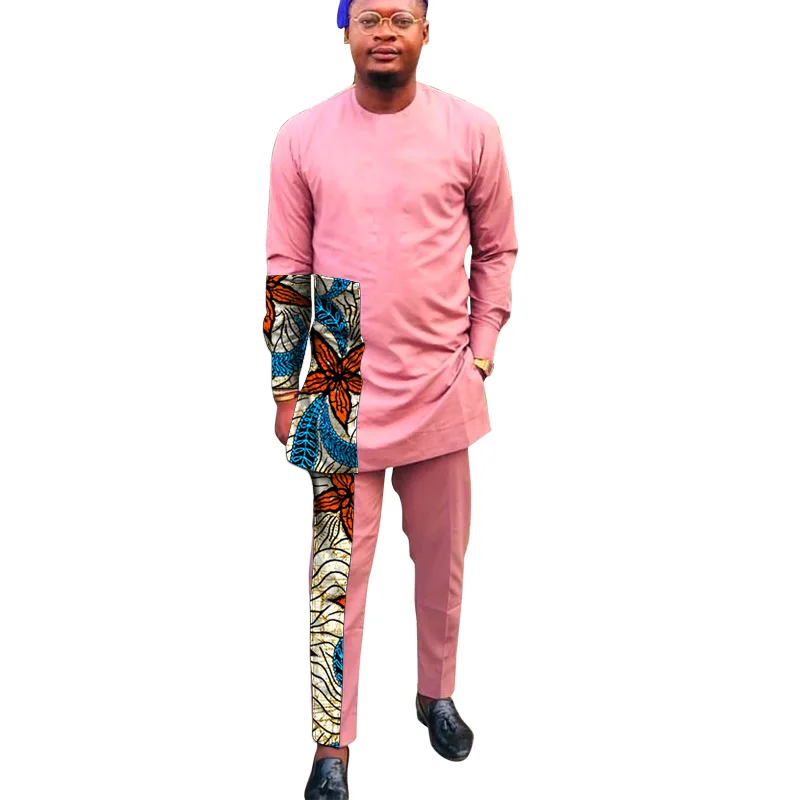 Modern Design African Fashion Pink Men's Pant Sets O Neck Top And Trouser Patchwork Male Outfits Dashiki Suits | Тематическая
