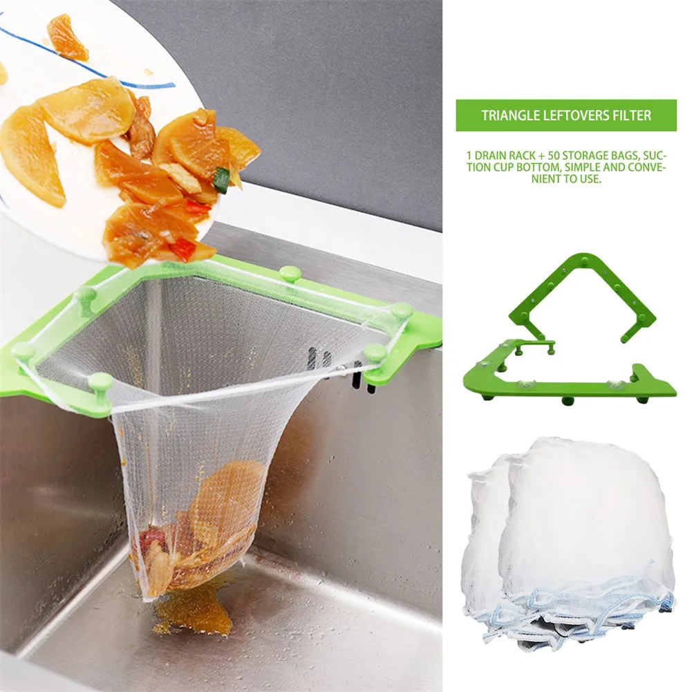 

50PCS Kitchen Sink Filter Set Sink Mesh Scraps Triangle Holder Gadget Filter Bag Hanging Net Drain Rack Kitchen Accessories