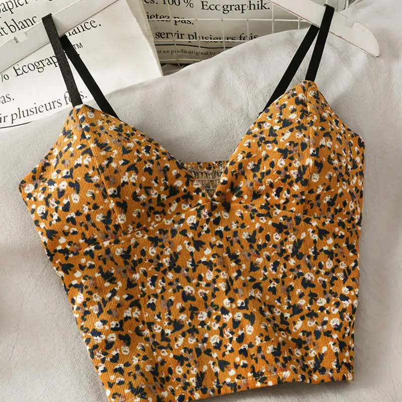 

Retro Floral Short Corduroy Crop Tops Women Off Shoulder Sleeveless Short Camisole Slim Sexy Camis Bra Vest Beach Tank Top C7328