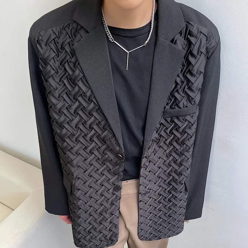 Weave Splice Blazers Men Fashionable Streetwear Vintage Casual Loose Suit Coat Male Korean Harajuku Style Suit Jacket Blazer Man