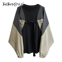 twotwinstyle patchwork hit color bandage sweatshirt for women o neck batwing sleeve casual loose sweatshirts female 2020 autumn