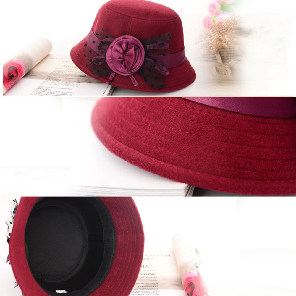 Винтажная Женская однотонная шерстяная шляпа-котелок с широкими полями и