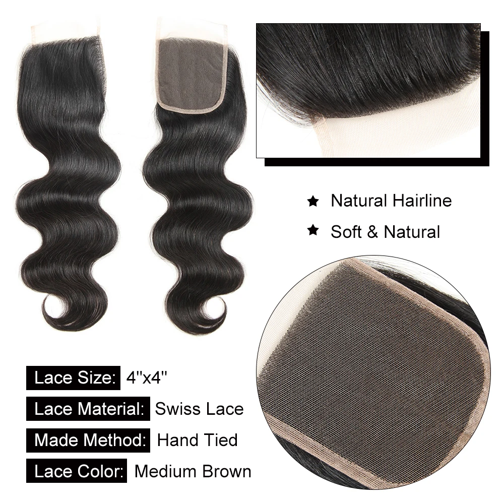 PEERLESS Virgin Hair бразильские объемные волнистые пряди с закрытием 4*4 Средний коричневый Швейцарский Кружевной средний коэффициент необработанные человеческие волосы для наращивания
