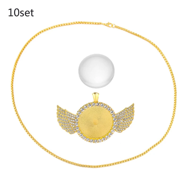 

10Pcs Round Rhinestone Bezel Cabochon Trays Wing Photo Pendant Jewelry Making F3MD