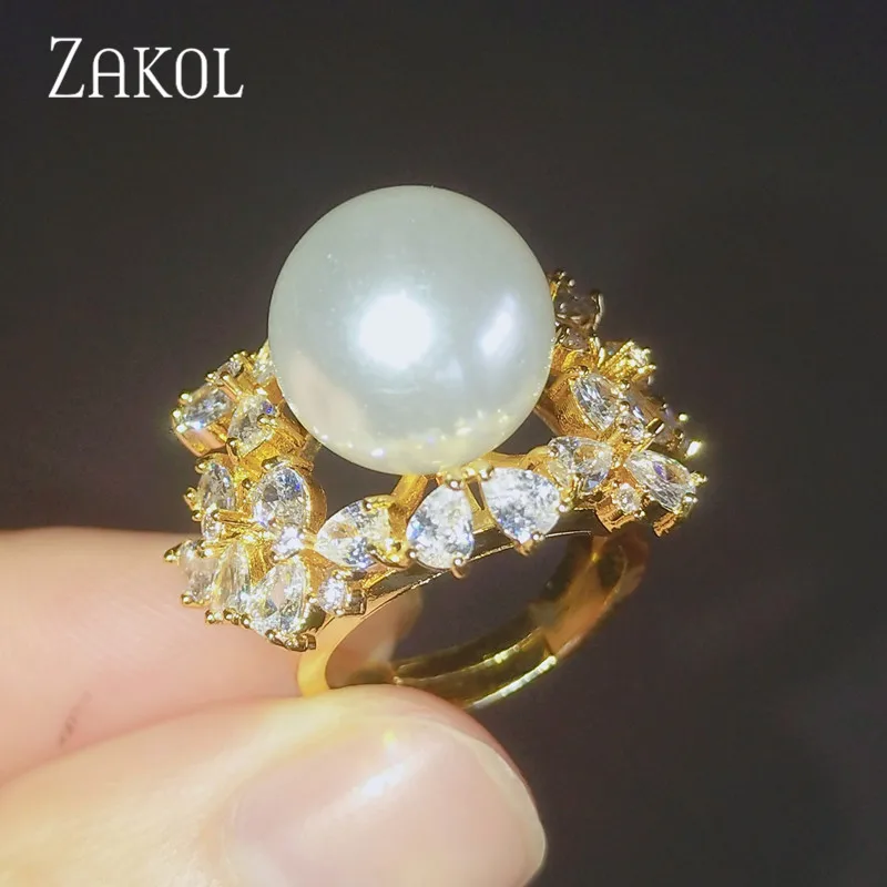 ZAKOL Европейский стиль белые большие жемчужные Открытые Кольца ослепительные