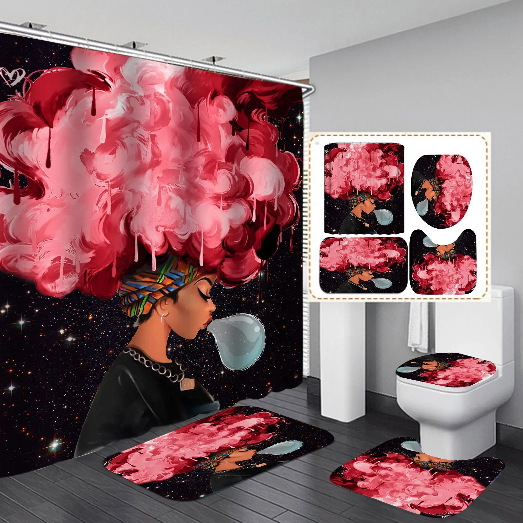 African American Women Shower Curtain Set for Bathroom Bathtub Screen with Carpet Rug Washroom Hotel Toliet Partition Hooks | Дом и сад