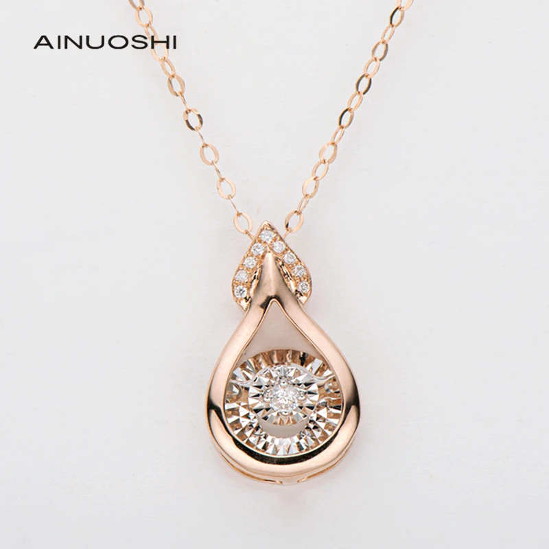 

AINUOSHI 18K Rose Gold 0.06ct Real Diamond Pear Shaped Dancing O-Chain Pendant Necklace Hard Gold Jewelry For Trendy Women 18''
