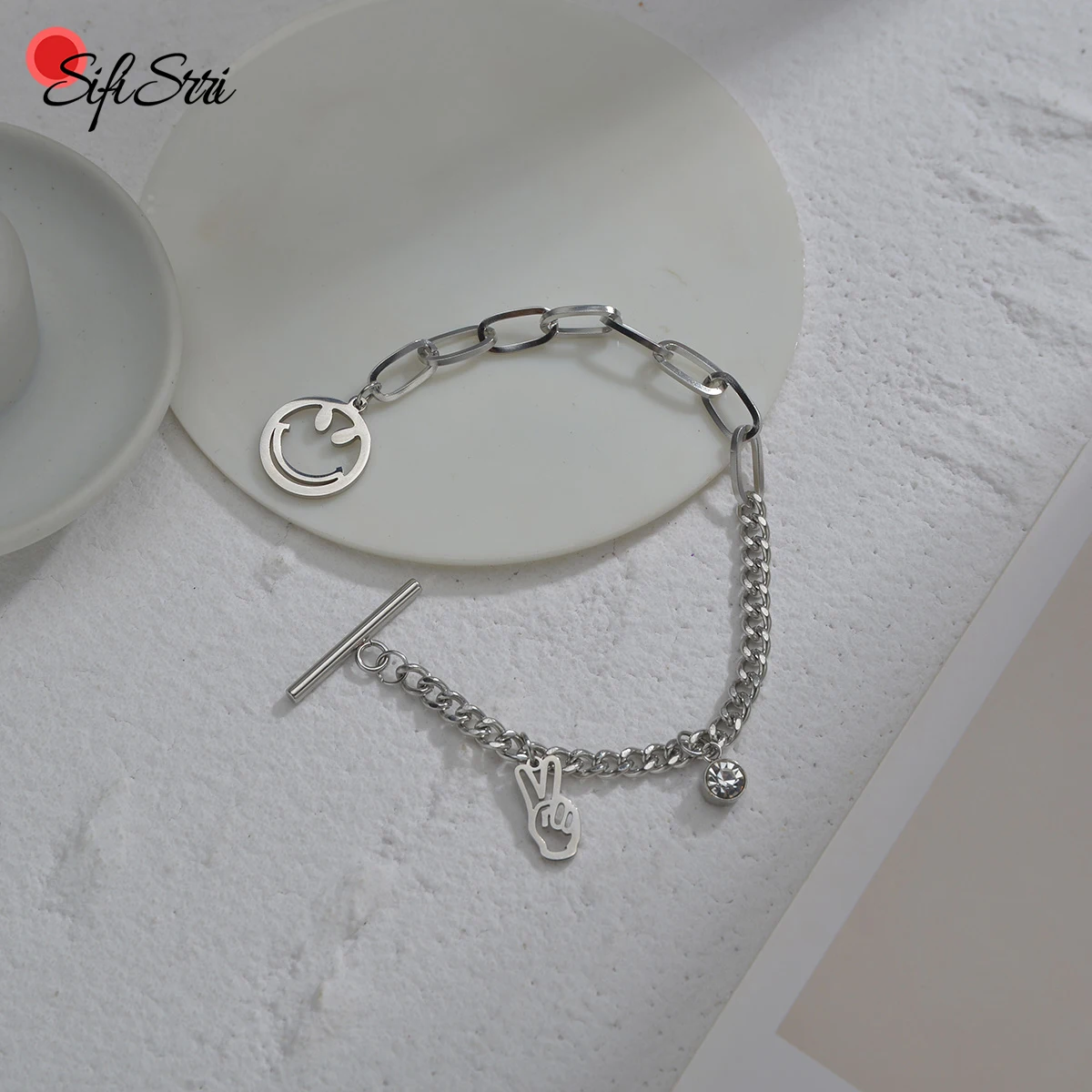 

Браслет Sifisrri в стиле панк Victory, минималистичный мужской и женский браслет со смайликом, ювелирное изделие в стиле унисекс из нержавеющей ста...