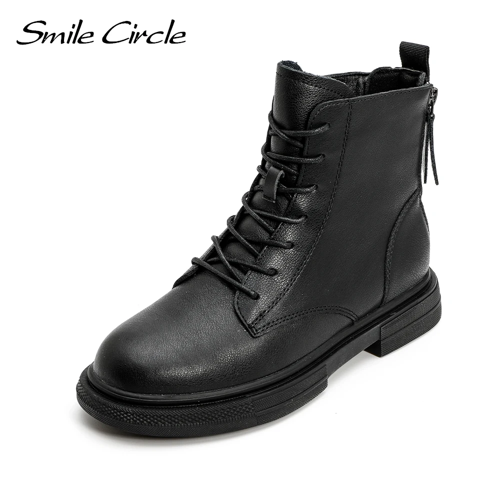

Smile Circle Winter Ankle Boots Women Flats Platform Shoes Cow Leather Comfortable Plush Keep Warm Casual Short Boots Ladies