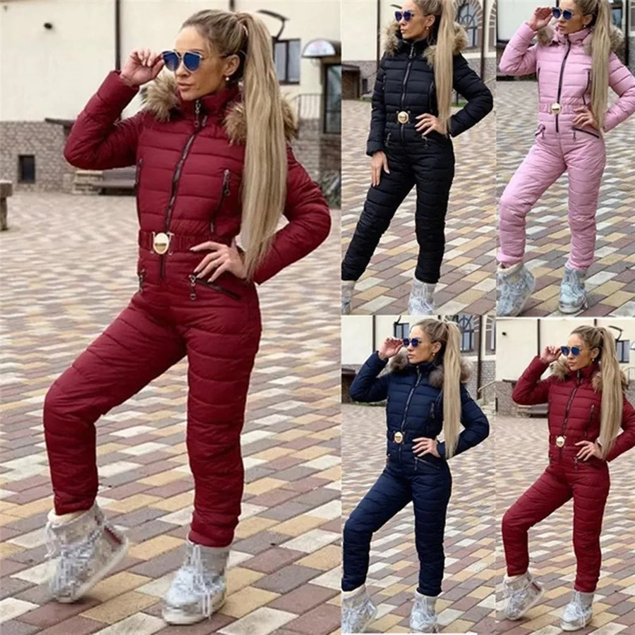 Женский однотонный комбинезон с капюшоном элегантный теплый на молнии