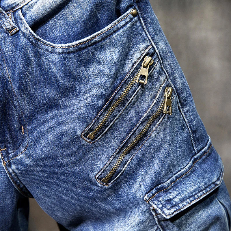 American Street Fashion Men Jeans Retro Blue Slim Fit Spliced Designer Biker Jeans Men Big Pocket Zipper Designer Hip Hop Pants