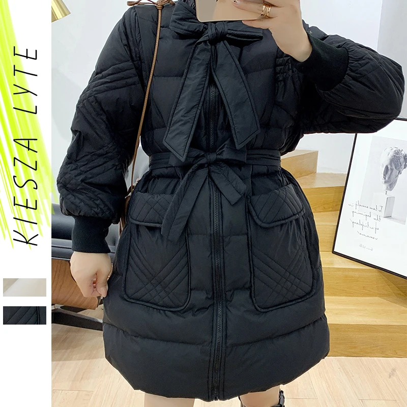 Женская зимняя куртка на утином пуху с бантом талии и поясом Новое поступление 2019