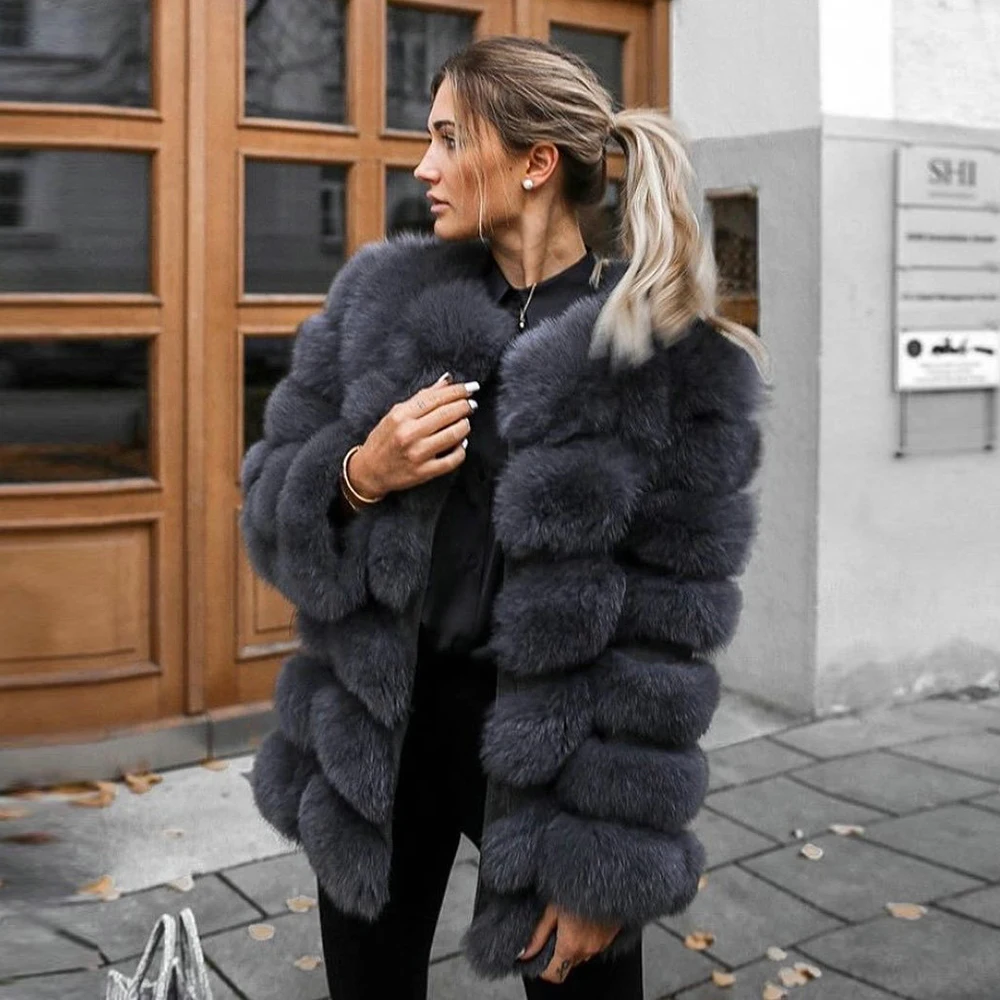 Dark Grey Real Fox Fur Coats for Women Winter Fashion New Genuine Full Pelt Fox Fur Jacket Round Collar Mid-length Fur Overcoats