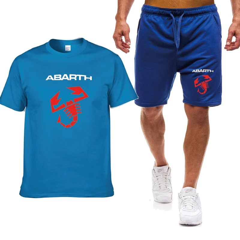 

New Summer Abarth Car Logo printing High Quality Cotton Crew neck Fashion casual trend Men's short sleeve + shorts 2-piece set