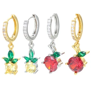 EYIKA Gold Silver Plated Filled Colorful Crystal Zircon Fruit Apple Pineapple Charm Hoop Earrings Girls Cute Small Aretes Aro