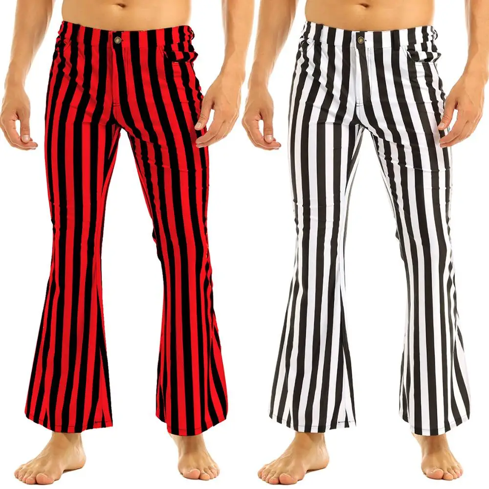 Adult Men Vintage Striped Long Pants Male Retro Mid Waist Elastic Flares Trousers Homme Party Stage Dance Costume Club Clothing