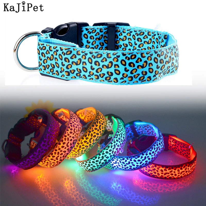 Leopard LED Dog Collar Luminous Adjustable Glowing Collar For Dogs Pet Night Safety Nylon Collar Luminous LED Bright Dog Collar doglemi dm40024 m led flash pet safety collar blue 2 x cr2016