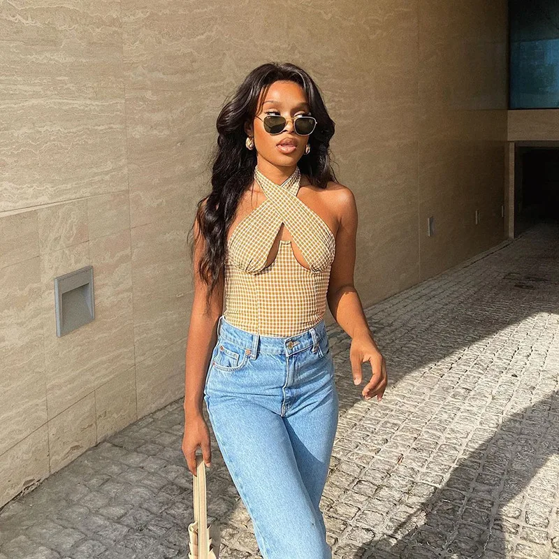 Женский Повседневный жилет с завязкой на шее модный клетчатый топ V-образным