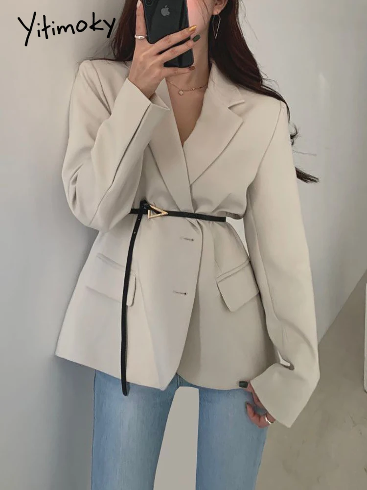 

Yitimoky Button Up Women Blazer Office Business Sashes England Style Coat Turn-down Collar Pockets Spring 2021 Black