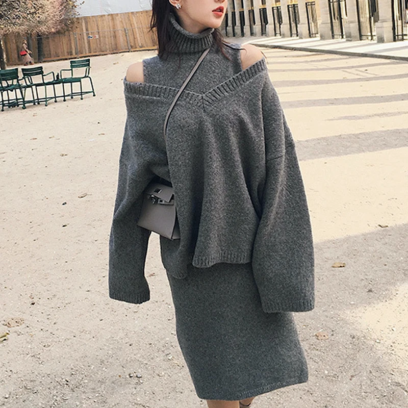 Корейский комплект из двух предметов пуловер Женский вязаный свитер + водолазка