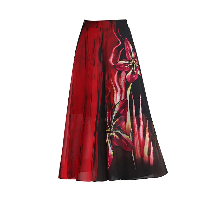 

2021 Summer Vintage Print Plus Size Chiffon Wide Leg Pants Skirts Women Elastic High Waist Loose Casual See Through Capris 2157