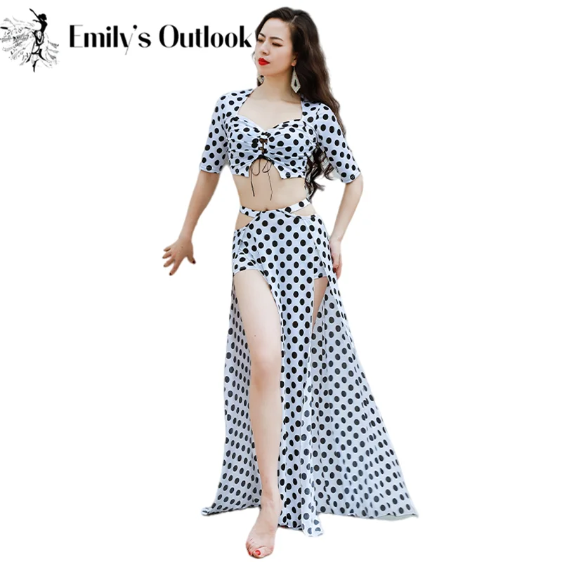 

Vintage Belly Dance Costume Black White Dot 3 Piece Dancing Outfit Tank Top Long Side Slit Skirt For Group Practice Wear