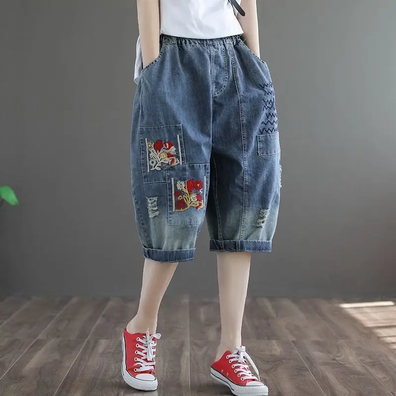 Women's Jeans Cropped 2022 Trend Baggy Pant Woman High Waist Mom Oversize Pants Wide Leg Waisted Ripped Graphic Embroidery