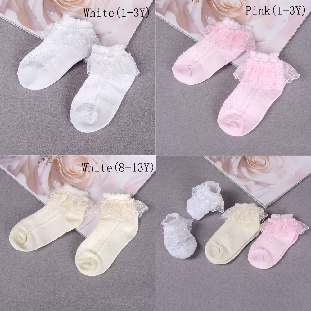 Детские сетчатые носки для девочек белые розовые хлопковые кружевные с оборками