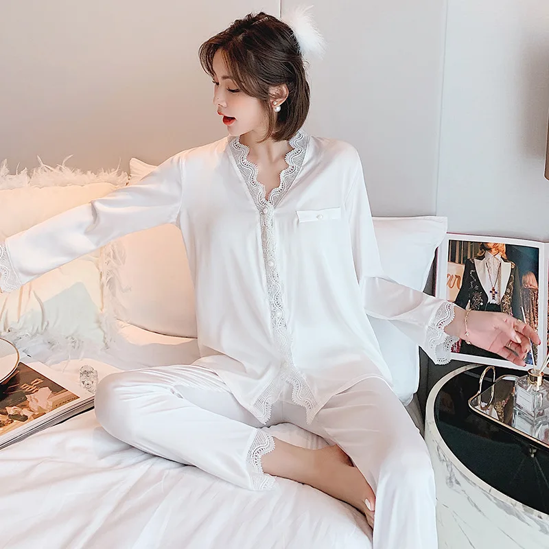2021 New Spring Autumn Women's Pajamas Lace Sexy Nightwear Long Sleeve 2Pcs Home Suit Solid Color Cardigan Suit Korean Version