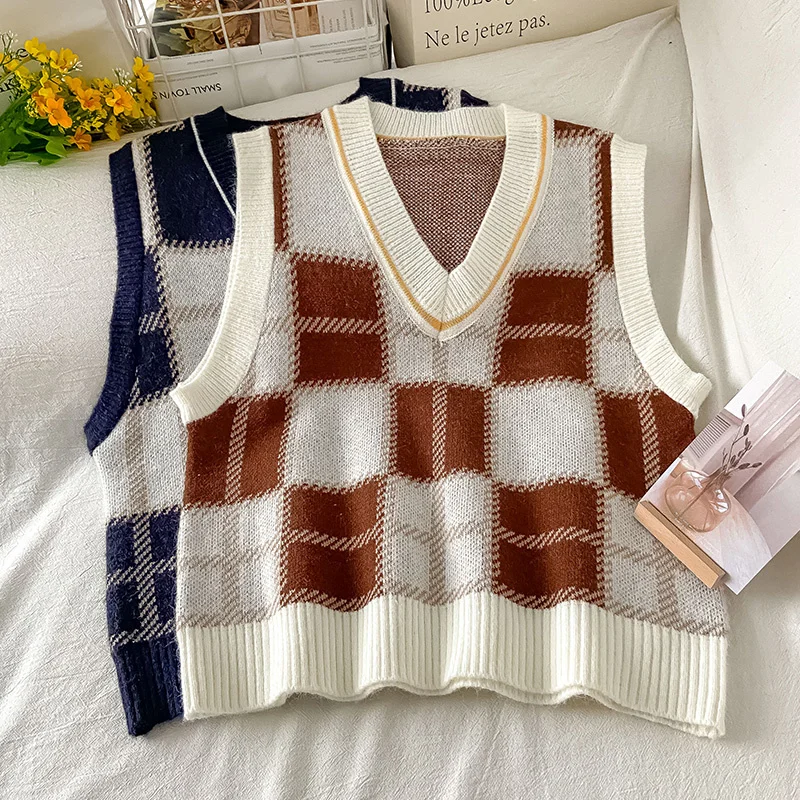 

Женский вязаный жилет контрастных цветов в клетку, осень и зима 2021, новая Ретро верхняя одежда, Бандажное платье, свитер без рукавов Kio