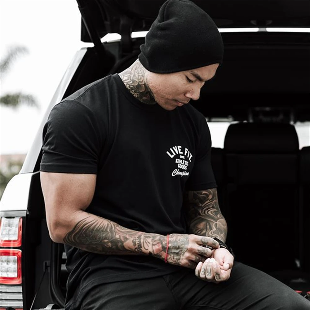 Men's Summer Black White Gray GYM Workout Fitness Cotton T-Shirt Sport Running Basketball Training Athletic Cloth Daily Wear