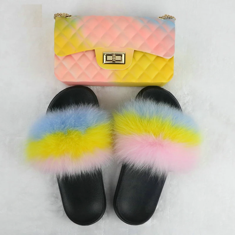Роскошные радужные туфли для женщин тапки меховые сланцы женская летняя обувь 2020