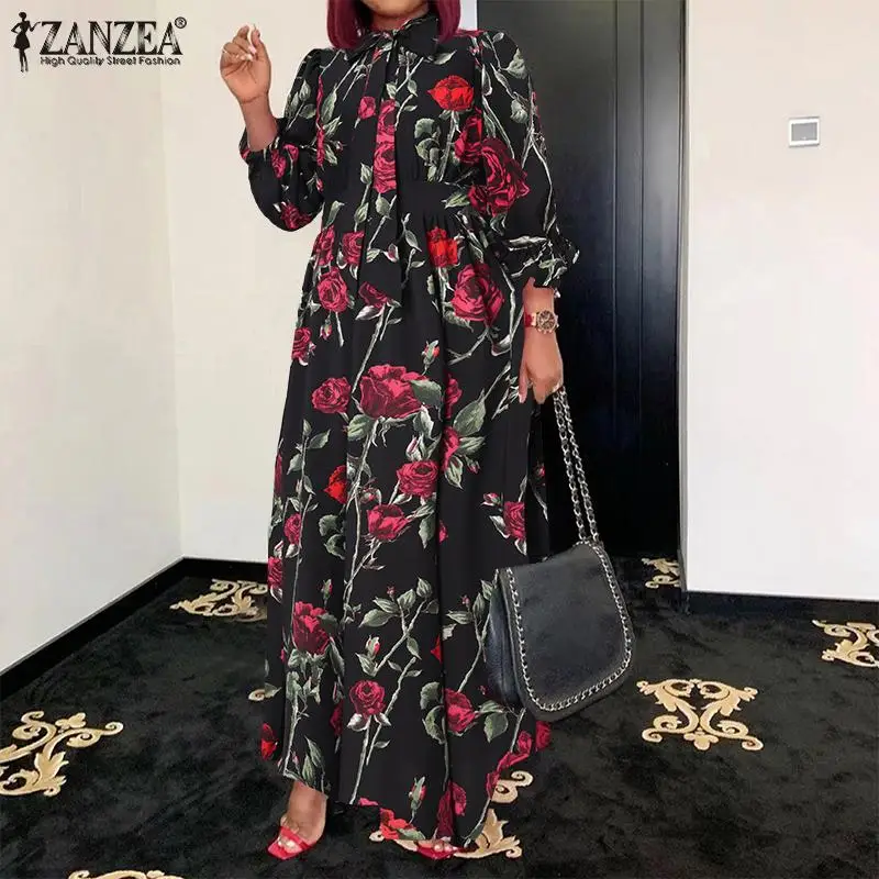 

ZANZEA Bohemian Vintage Casual Vestidos Autumn Women Full Sleeved Flower Printed Baggy O-Neck Robe Femme Long Thin Street Dress