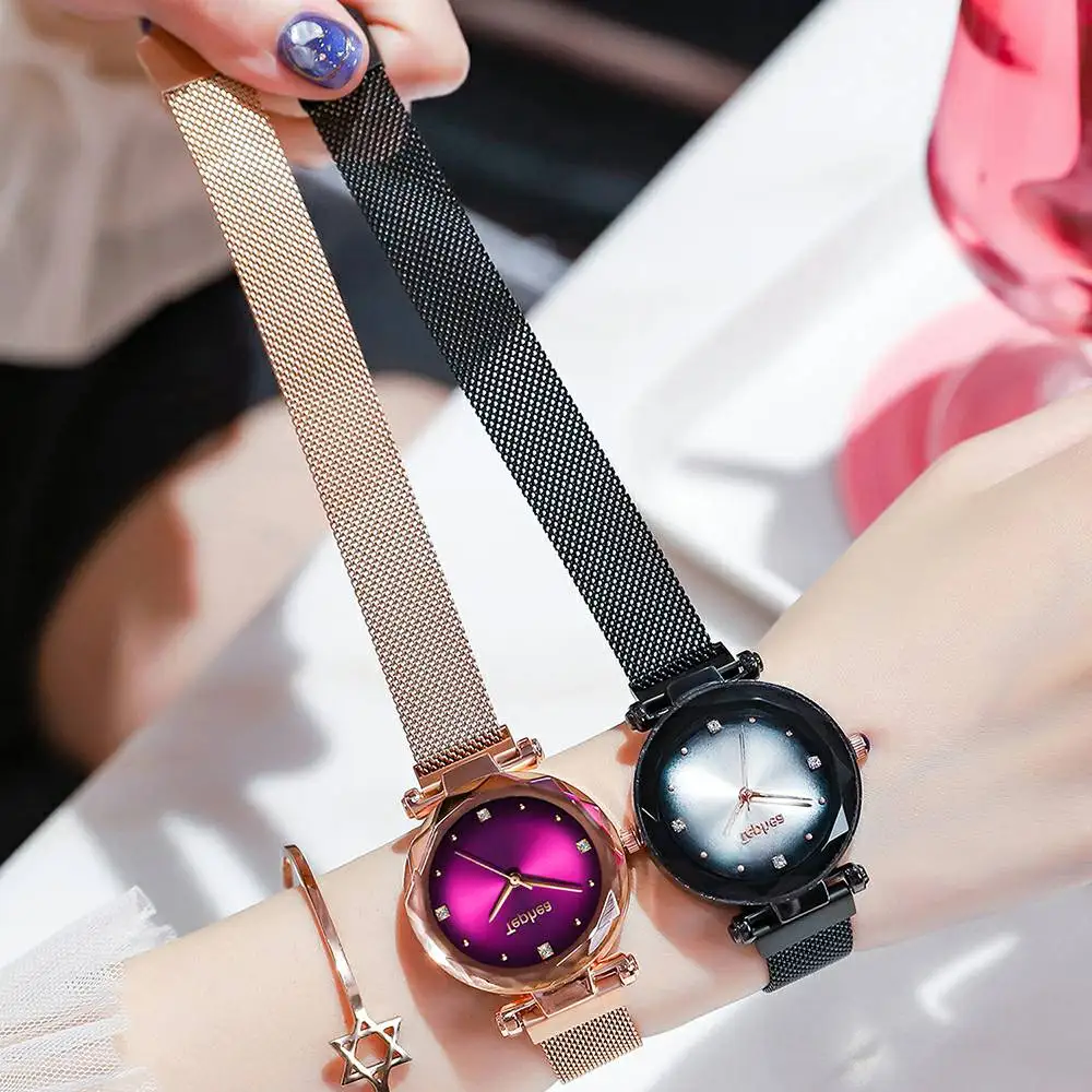 Модные женские туфли звездное небо часы роскошные с алмазами магнит сетки