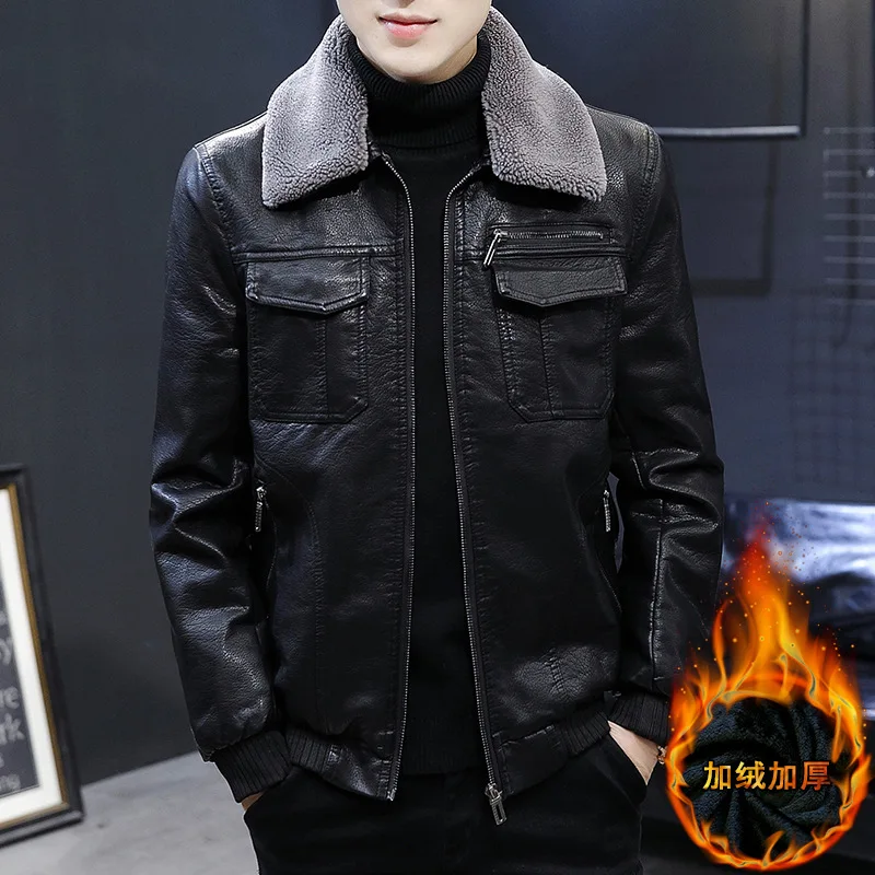 

2022 new men's lapel leather jacket, youth winter plus velvet thick fur collar, slim cardigan, warm leather jacket
