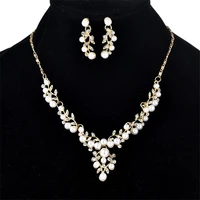 elegant luxury women jewelry sets leaf crystal wedding bridal jewelry imitation pearl necklace earring set wedding party jewelry