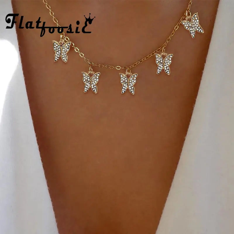 

Flatfoosie Charm Butterfly Rhinestone Pendant Necklace For Women Simple Gold Silver Color Long Chain Necklace Fashion Jewelry