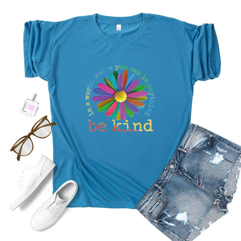 

BE KIND Letter Colorful Sunflower Print T Shirt Women Short Sleeve O Neck Loose Tshirt Summer Women Tee Shirt Tops Mujer
