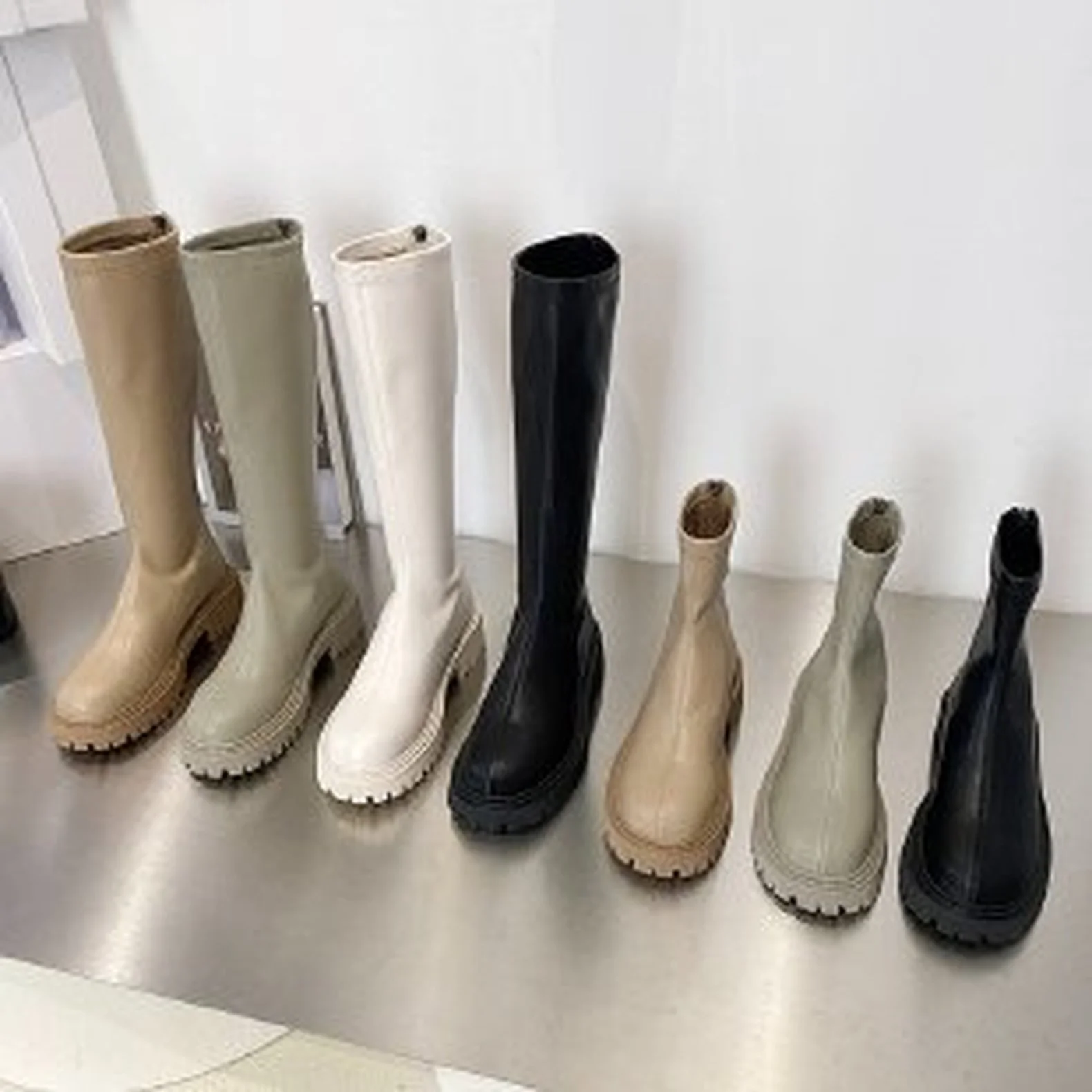 

Women Ankle Boots Ladies Shoes Slip on Mid Calf Boots Platform Soft PU Leather Long Boot Footwear Woman Fashion Autumn Winter
