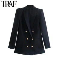 traf women fashion double breasted office wear blazer coat vintage long sleeve welt pockets female outerwear chic veste